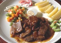 Java Steak with French Fries berupa irisan sapi has cukup empuk yang dimasak dengan saus khas Nyonya Rumah. Java steak atau bistik Jawa ini bercitarasa manis gurih mirip semur.