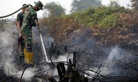 Prajurit TNI menyemprotkan air ke titik api. Darren Whiteside/Reuters/detikFoto.