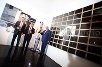 Heritage Director Martell Jacques Menier (kanan) berbincang dengan Global Brand Indonesia Thierry G (kiri) dan Managing Director Martell Indonesia Edni Sumadi saat melihat karya seni yang dipamerkan.