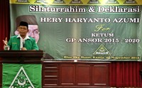 Hery Haryanto Azumi mendeklarasikan diri sebagai calon Ketua Umum PP GP Ansor. Pool/Lamhot Aritonang/detikFoto.
