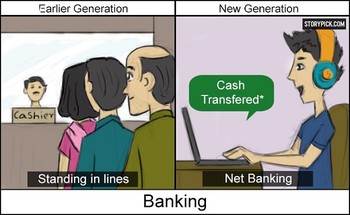 Zaman dulu orang mengantre untuk menarik atau mentransfer uang. Kini cukup menggunakan komputer untuk melakukan semua transaksi perbankan.  (credit foto : storypick.com)