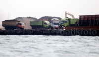 Mobil-mobil tampak mengangkut batu bara di penampungan batu bara di Pelabuhan Marunda.