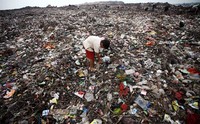 Seorang anak turut membantu orantuanya mencari sampah plastik.