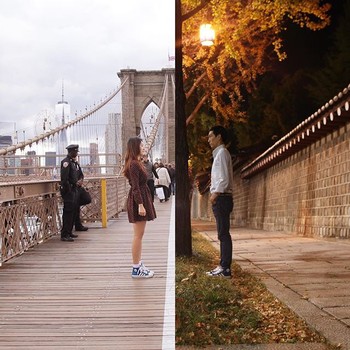 Foto saling berhadapan dengan lokasi dan waktu yang berbeda Li Seok yang berada di Korea Selatan dan Shin Dan Bi di New York. (kredit foto: instagram)