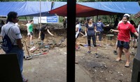 Para siswa turut membantu membangun pondasi.