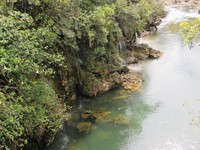 Kalau ini, Sungai Kemabu yang dipotret dari ketinggian di atas jembatan. Airnya yang jernih menggoda traveler untuk berenang. Boleh-boleh saja kok berenang di sana (Afif/detikTravel)