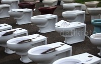 Puluhan toilet duduk diletakan di depan gerbang DPR sebagai bagian dari aksi instalasi tersebut.