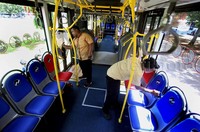 Sejumlah petugas membersihkan bagian dalam armada baru bus TransJakarta.