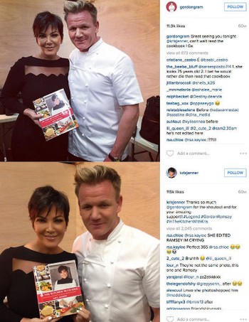 Selebriti Kris Jenner dan Gordon Ramsay di foto atas tampak wajahnya keriput. Tapi saat diposting di Instagram Kris, terjadi perubahan di mana wajah mereka tampak sangat halus. (istimewa/wetpaint)