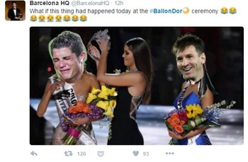 Kesalahan pemberian mahkota di ajang Miss Universe beberapa waktu lalu turut jadi inspirasi meme Ronaldo dan Messi ini.