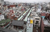 Seperti ini penampakan komplek Kuil Sensoji Asakusa dari atas. Jalan panjang itu diisi para penjual. Kalau jeli, traveler akan menemukan persewaan baju kimono atau yukata di sela-sela toko itu (Ari Saputra/detikTravel)