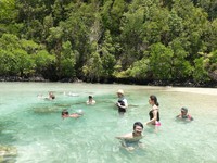 Silakan berenang dan bermain air di sini. Asal tahu saja, Pulau Kakaban sendiri tidak da penghuninya. Jadi serasa, laguna ini milik pribadi saja (Afif/detikTravel)