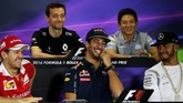 Rio Haryanto terlihat tertawa lepas menikmati suasana tawa canda bersama lima pebalap kelas dunia seperti Sebastian Vettel, Daniel Ricciardo, dan Lewis Hamilton dalam jumpa pers tersebut. (Getty Images/Lars Baron)