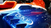 Perusahaan asal Indonesia lain yang mendapatkan tempat di mobil Rio Haryanto adalah Kiky yang logonya terpampang di bagian samping. (CNN Indonesia Rights Free/Manor Grand Prix Racing Ltd)