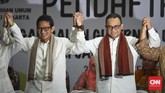 Anies Baswedan dan Sandiaga Uno menyerahkan dokumen pendaftaran keikutsertaan Pilkada ke KPU DKI Jakarta, Jumat 23 September 2016. Pasangan ini diusung Gerindra dan PKS. (CNN Indonesia/Adhi Wicaksono)