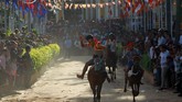 Kemeriahan Festival Pchum Ben di perkampungan Vihear Sour, di provinsi Kandal, Kamboja, pada Sabtu (1/10) ditandai dengan lomba pacuan kuda dan banteng. (REUTERS/Samrang Pring)