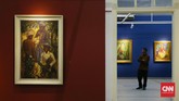 Lukisan karya Ries Mulder, Pendjual Ayam menjadi salah satu yang dapat disaksikan di Pameran Lukisan Koleksi Istana Kepresidenan RI Senandung Ibu Pertiwi di Galeri Nasional, Jakarta. (CNNIndonesia/Safir Makki)