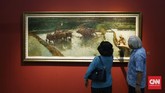 Lukisan Menggaru Sawah di Jawa karya Romualdo Locatelli di Pameran Lukisan Koleksi Istana Kepresidenan RI menggambarkan salah satu kegiatan sehari-hari masyarakat pertanian yang menjadi bagian sejarah Indonesia. (CNNIndonesia/Safir Makki)