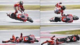 Ini adalah kombinasi foto kecelakaan yang dialami Jorge Lorenzo di GP San Marino. Beruntung mantan pebalap Movistar Yamaha itu tidak mengalami cedera serius. (AFP PHOTO / Marco BERTORELLO)