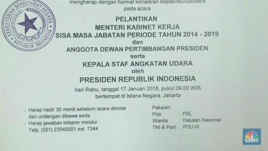 Undangan pelantikan menteri Kabinet Kerja Jokowi beredar