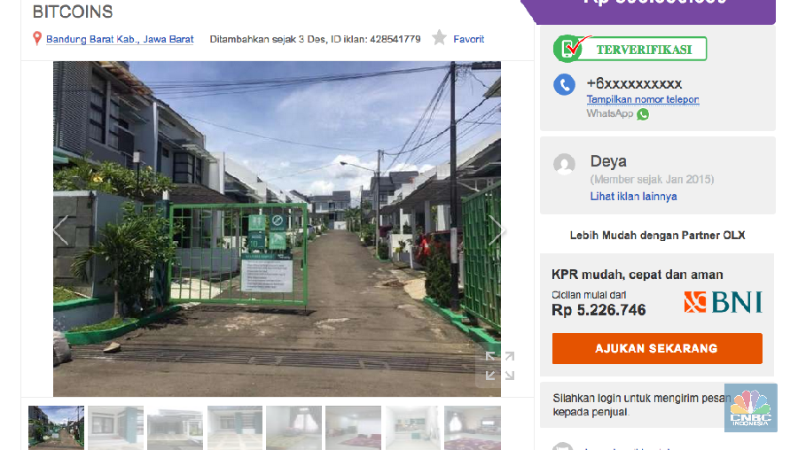 Situs jual beli OLX memperlihatkan sebuah iklan jual rumah di daerah Bandung dengan pembayaran Bitcoin.