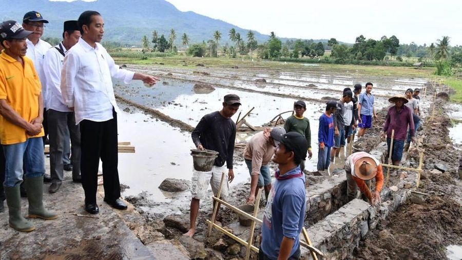 Presiden Joko Widodo meninjau lokasi Padat Karya Tunai Irigasi di Desa Pasuruan, Kecamatan Penengahan, Lampung, Minggu (21/01/2018).