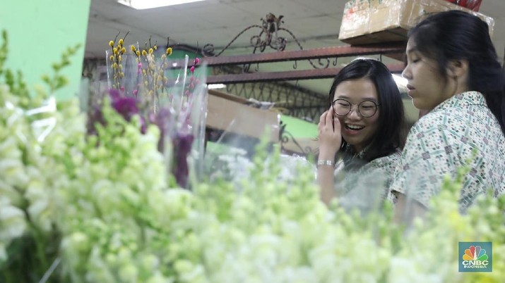 Pengunjung memilih bunga di Kawasan Pasar Bunga Rawa Belong, Jakarta Barat, Selasa (13/2). Jelang hari valentine pasar bunga rawa belong banyak di kunjungi pembeli. Para pedagang banyak meraup keuntungan dari penjualannya. Harga mawar yang biasa dijual 100 ribu per 20 tangkai naik menjadi 200 ribu per 20 tangkai dikarenakan banyak peminat yang ingin beli. Kebanyakan para pembeli dari kalangan remaja dan anak sekolah. (CNBC Indonesia/Muhammad Sabki)