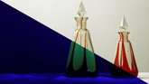 Kiri: Botol kaca uranium berpendar dalam cahaya ultraviolet. Kanan: dalam cahaya normal. Kaca uranium menjadi barang khas dalam dunia koleksi. Warnanya yang lembut, kaca uranium mampu bercahaya berasal dari senyawa kimia yang ada di dalamnya. (REUTERS/Stefan Wermuth)