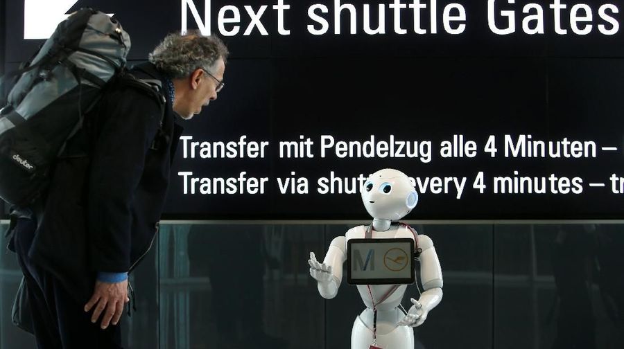 Lufthansa tests humanoid robot 'Josie Pepper' at airport in Munich, Germany February 20, 2018. REUTERS/Michaela Rehle
