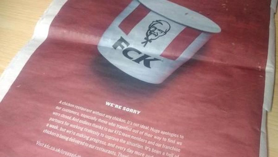 Restoran cepat saja memasang iklan satu halaman penuh di 2 koran besar di Inggris untuk meminta maaf, tapi mereka ubah nama menjadi FCK