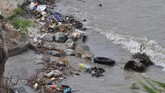 Seekor buaya berada di sekitar sampah ban bekas sepeda motor yang dibuang dan terdampar, di Muara Sungai Palu, Sulawesi Tengah, Selasa (27/2). Selain mencemari sungai, keberadaan sampah itu juga mengancam kehidupan satwa. (ANTARA FOTO/Mohamad Hamzah)
