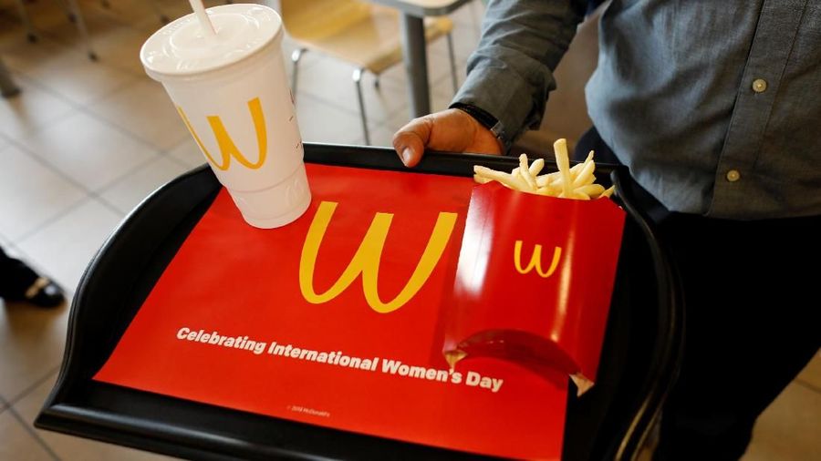 McDonald's iconic 'M' logo is turned upside down in honour of International Women's Day in Lynwood, California, U.S., March 8, 2018. REUTERS/Mike Blake
