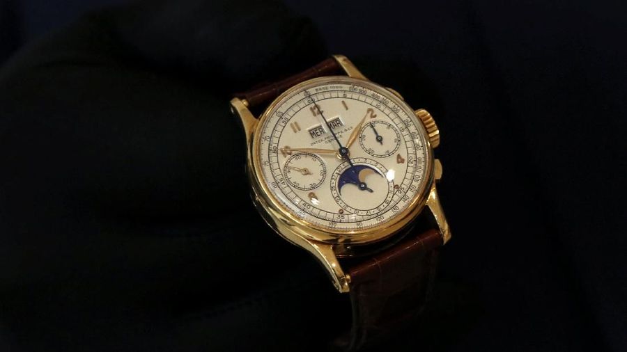 The Patek Philippe 18k gold perpetual chronograph wrist watch with moon phases belonging to the King Farouk is on display at the Christie's auction in Dubai, United Arab Emirates, March 19, 2018. REUTERS/Satish Kumar