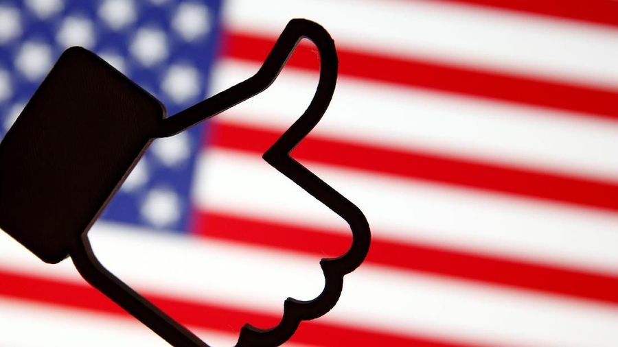 A 3D-printed Facebook Like symbol is displayed in front of a U.S. flag in this illustration  taken, March 18, 2018. REUTERS/Dado Ruvic/Illustration
