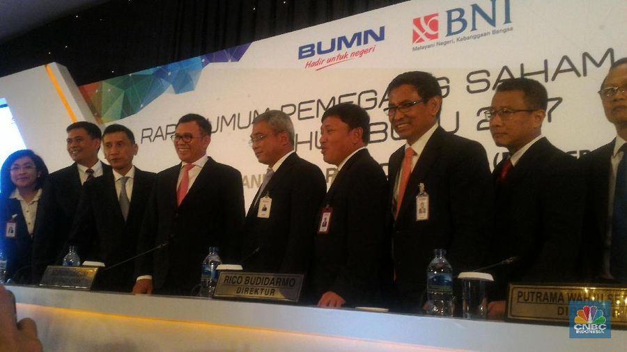 RUPST PT Bank Negara Indonesia Tbk (BNI) menyetujui 65% laba perseroan pada 2017 digunakan sebagai laba ditahan.