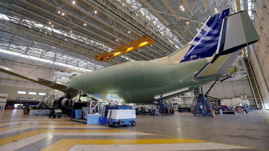 Airbus Beluga XL is seen at the final assembly line at Airbus headquarters in Blagnac, near Toulouse, France March 20, 2018. REUTERS/Regis Duvignau