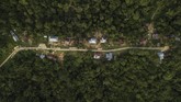 Potret dari langit penampang Kampung Sira yang dikelilingi kawasan hutan. Masyarakat Sira mendapatkan izin atas 1.850 hektare dari 2.000 hektare untuk dikelola desa. Masyarakat Sira dan Kampung Manggroholo jadi model bagi masyarakat dan perhutanan sosial di Papua. (Greenpeace/Jurnasyanto Sukarno)