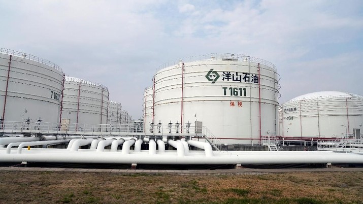 FILE PHOTO: Oil tanks are seen at an oil warehouse at Yangshan port in Shanghai, China March 14, 2018. REUTERS/Aly Song/File Photo