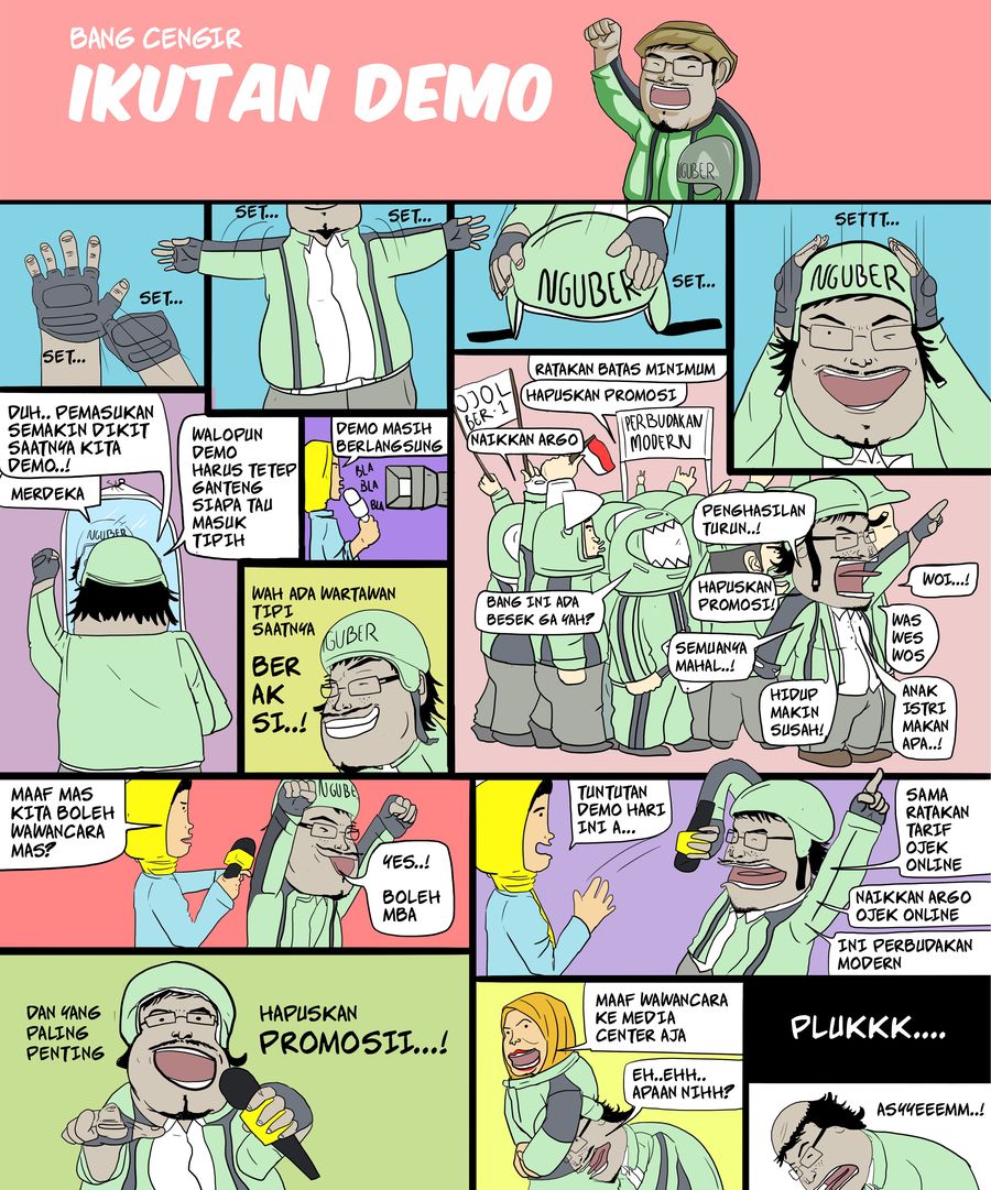Hari ini demonstrasi besar-besaran dilakukan oleh driver ojek online, Grab dan Go-Jek. Mereka meminta  dilegalkan, penghapusan tarif promo yang merugikan driver 