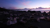Kondisi pantai Sanur pada pagi hari. Terdapat banyak sekali sampah plastik dan kayu yang berserakan. (Anadolu Agency/Mahendra Moonstar)