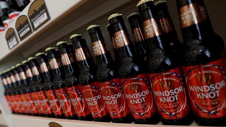 Bottles of Harry and Meghan's Windsor Knot pale ale are seen on display at the Windsor and Eton brewery in Windsor, Britain April 11, 2018. Picture taken April 11, 2018.  REUTERS/Peter Nicholls