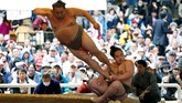 Upacara turnamen sumo ini berlangsung tiap tahun sejak 1869. Kuil Yasukuni Jinja memiliki sebuah ring sumo permanen. Total 200 pesumo berlaga tiap tahunnya di ring ini. (REUTERS/Toru Hanai)