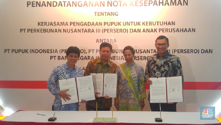 PTPN III, Pupuk Indonesia Holding Company, dan BNI teken MoU hari ini.