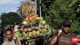 Dilakukan setiap tahun, tradisi bernama Memedan Sawah—yang diambil dari istilah orang-orangan sawah—itu memang merupakan ungkapan syukur para petani. (CNN Indonesia/Tri Wahyuni)