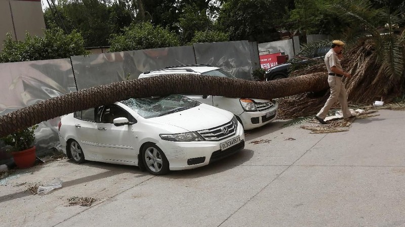 Mobil mewah yang tertimpa akibat pohon yang tumbang dari badai debu di New Delhi, India.