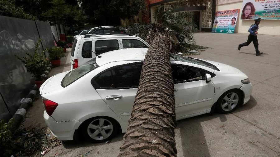 Mobil mewah yang tertimpa akibat pohon yang tumbang dari badai debu di New Delhi, India.