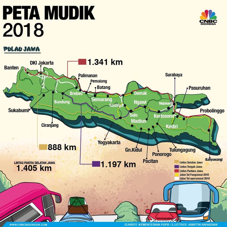 Ini Peta Jalur Mudik 2018 di Jawa Pemudik dengan mobil pribadi bisa memilih lima jalur dalam mudik 2018 di Jawa.