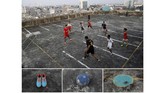 Para warga sekitar menjadikan atap lahan parkir gedung bertingkat di Jakarta sebagai arena bermain sepak bola. (REUTERS/Darren Whiteside)