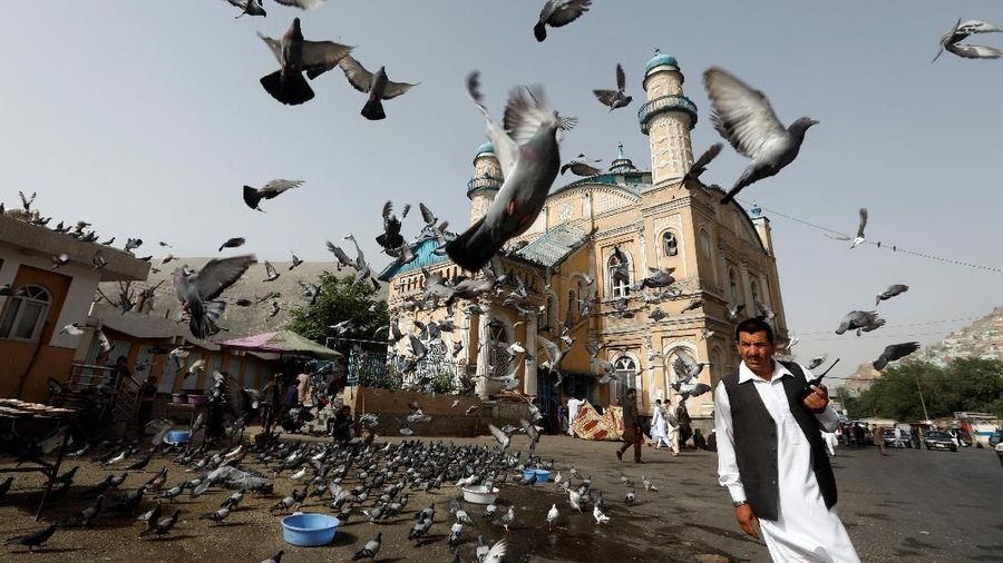 Pigeons fly outside the Shah-e Doh Shamshira Mosque, as people head for morning prayers on Eid-al-Fitr in Kabul Afghanistan June 15, 2018. REUTERS/Omar Sobhani
