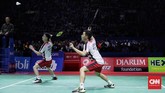Setelah kemenangan Tontowi/Liliyana, Kevin Sanjaya Sukamuljo/Marcus Fernaldi Gideon berhadapan dengan Takuo Inoue/Yuki Kaneko di final ganda putra. (CNN Indonesia/Hesti Rika)